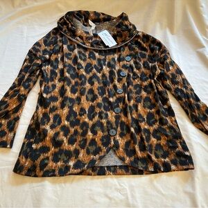 NY Collection Leopard Print Cowl Neck Top Asymmetrical Button Front XL NWT